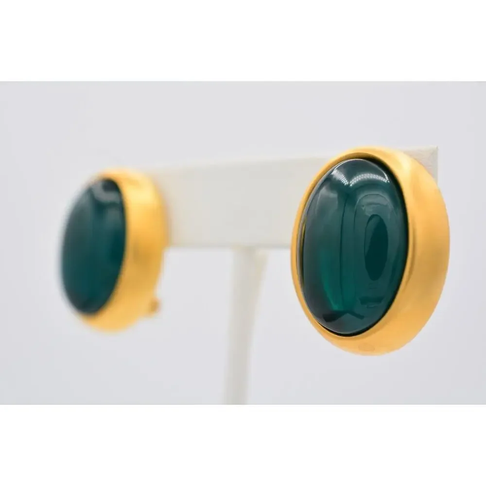 Givenchy Vintage Cabochon Clip On Earrings Teal Brushed Gold Chunky Signed BinAY - Picture 2 of 12